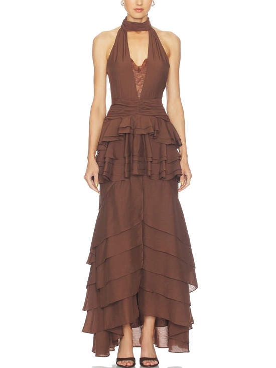 Elliatt Dresses & Skirts - Elliatt Rosera Chocolate Brown Halter Gown Tiered Ruffle Lace - SMALL
